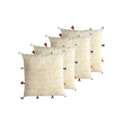 Contrast Living Yellow & Off White 4 Pieces Floral Linen Square Cushion Covers-picture-16