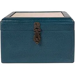 CONTRAST LIVING Menjha Blue Wooden Hand Painted Vintage Decorative Box Jewelry Square Box (Antique Blue Fabric Colour-Beige, Square) (M)-image-32