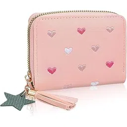coolshef Small Wallet for Women with Zipper, PU Leather Cute Ladies Wallet with Card Slots, Heart Embroidery Mini Purse with Star Tassel, Stylish Slim Wallet for Girls & Teens (Pink)-picture-53
