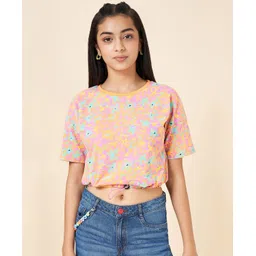 Coolsters by Pantaloons Cotton Spandex Half Sleeves Floral Printed Top - Orange-picture-12