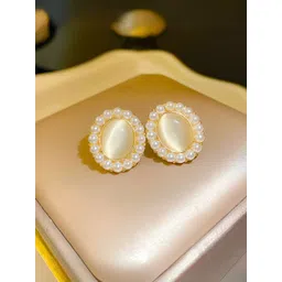 COOLWOOL Gold-Plated Artificial Stones Studded And Pearls Beaded Korean Oval Studs-picture-15