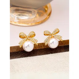 COOLWOOL Korean Gold-Plated Artificial Stones Studded & Pearls Beaded Bow Studs-picture-32