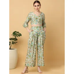 Cora Floral Printed V-Neck Bell Sleeves Crop Top With Palazzo-picture-10