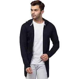 corsair Blue Men's Hooded Solid Full Sleeves with Thumbhole Soft Cotton Shrug/Cardigan Casual Wear Navy Blue S-picture-22