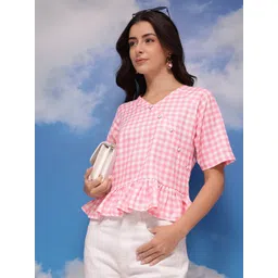 CORSICA Checked V-Neck Peplum Top With Button Closure & Wrap Style Detail-picture-15