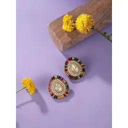 corsica DressBerry Gold-Plated Rhinestones Studded & Pearls Beaded Oval Shaped Studs-picture-24