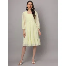 CORSICA Self Design Square Neck Puff Sleeve Cotton Georgette Fit & Flare Dress-picture-21