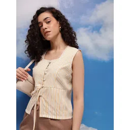 CORSICA Striped Square Neck Lace Inserts Peplum Top with Tie-Up Detail-picture-33