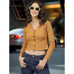 CORSICA Women Brown Cotton Button Down Ribbed Crop Top-picture-36
