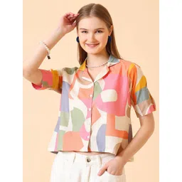 CORSICA Women Colourblocked Lapel Collar Roll-Up Sleeves Cotton Top-picture-15