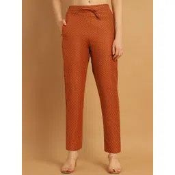 CORSICA Women Ethnic Motifs Self Design Pure Cotton Tailored Pleated Cigarette Trousers-picture-23