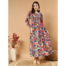 CORSICA Women Floral Printed Long Sleeves Square Neck Smocked Crepe Fit & Flare Dress-picture-41