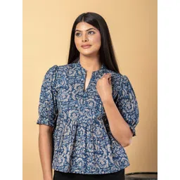 CORSICA Women Floral Printed Mandarin Collar Puff Sleeve Cotton Peplum Top-picture-41