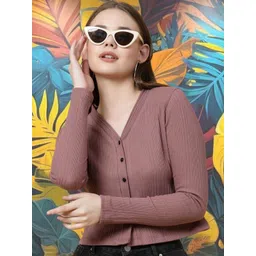 CORSICA Women Mauve Solid V-Neck Cotton Ribbed Fitted Crop Top-picture-36