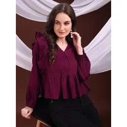 CORSICA Women Self Design V-Neck Puff Sleeve Ruffles Peplum Top-picture-20