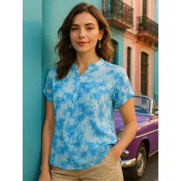 CORSICA Women Tie and Dyed Mandarin Collar Roll-Up Sleeves Regular Top-picture-16