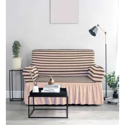 Beige Solid Polyester 2 Seater Elastic Stretchable Sofa Cover-image-2