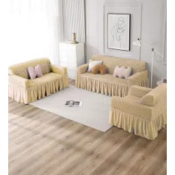 Beige Solid Polyester (3 seater) Sofa Cover & (Pack of 2) Single Seater Sofa Cover-image-0