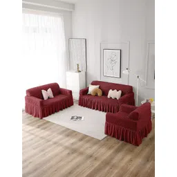 Cortina 3 Pieces Maroon Checked C-Shaped Sofa Covers-picture-25