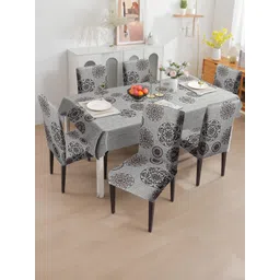 Cortina 7 Pcs Grey & Brown Printed Waterproof 1 Table Cover With 6 Dining Chair Covers-picture-28