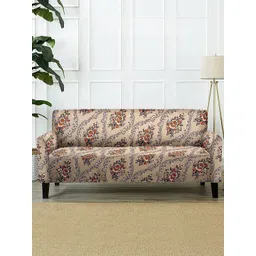 Cortina Beige & Orange Floral Printed 3-Seater Sofa Cover-image-49