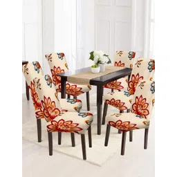 Cortina Beige & Red 6 Pieces Floral Printed Super Stretchable Chair Covers-picture-12