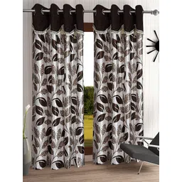 Cortina Brown & White Set of 2 Fancy Valance Leaf Printed Long Door Curtains-picture-35