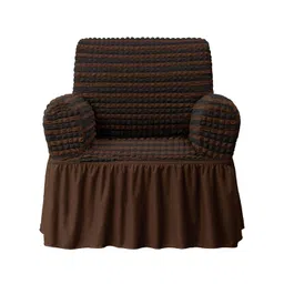 Cortina Brown Striped One Seater Elastic Stretchable Universal Sofa Cover With Skirt-picture-41