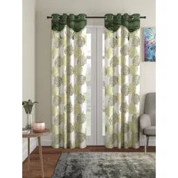 Cortina Green & White Set of 2 Fancy Valance Leaf Printed Door Curtains-picture-21