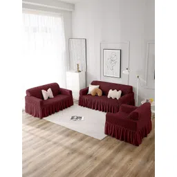 Cortina Maroon 3 Pieces Self Design One & Three Seater Skirt Sofa Covers-picture-14