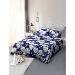 Cortina Navy Blue & White Floral 110 TC Double Queen Bedsheet with 2 Pillow Covers-picture-26