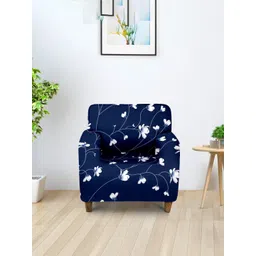 Cortina Navy Blue & White Printed  Stretchable One Seater Sofa Cover-picture-40