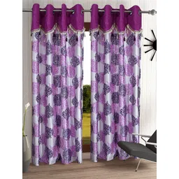 Cortina Purple & White Set of 2 Fancy Valance Leaf Printed Long Door Curtains-picture-20