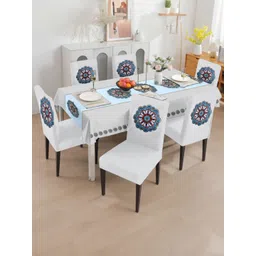 Cortina Set Of 7 White-Colored & Blue Printed Table Chair Cover-picture-39