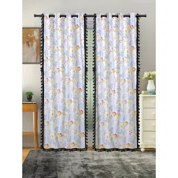 Cortina White & Grey 2 Pcs Floral Room Darkening Cotton Door Curtains-picture-29