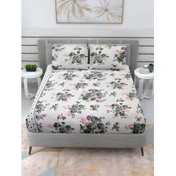 Cortina White & Grey Floral Cotton 144 TC Queen Bedsheet with 2 Pillow Covers-picture-20