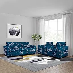 Cortina Floral Printed Sofa Cover Big Elasticity Cover Stretch Universal Sofa Slipcover 5 Seater (3 Seater Size 185-230cm and 1 Seater Size 90-145cm) -Teal Blue,Polyester-picture-13