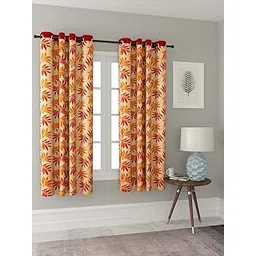 Cortina Polyester Fabric Eyelet Window Floral Curtain for Bedroom, Living Room (5ft, Orange) -Set of 2-picture-11