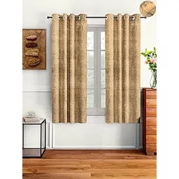 Cortina semi Sheer 2 Piece Solid Design Panel Eyelet Velvet Window Curtains - 5 Feet, Light Brown-picture-26