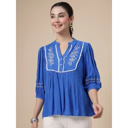 COSMIC TRIO Women Floral Embroidered Mandarin Collar Puff Sleeve Top-picture-32