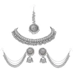 cosmos systems Latest Oxidised Alloy Antique Design Stylish Traditional Necklace, Earring & Maang Tikka Jewellery Set for Women-picture-42
