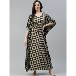 Cottinfab Beige & Black Printed Kimono Maxi Nightdress-picture-30