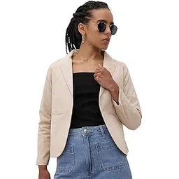 cottinfab Beige Notched Lapel Collar Open Front Blazer-picture-11