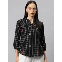 Cottinfab Checked Mandarin Collar Puff Sleeve Pure Cotton Top-picture-11