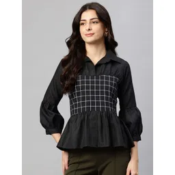 Cottinfab Checked Puff Sleeves Peplum Top-picture-12