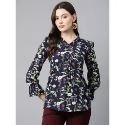 Cottinfab Floral Print Bell Sleeves Crepe Longline Top-picture-35