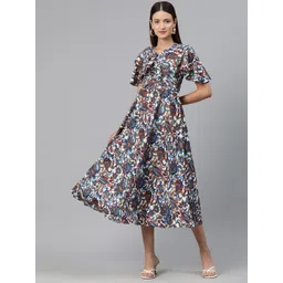 Cottinfab Floral Print Flared Sleeve Layered Crepe A-Line Midi Dress-picture-17