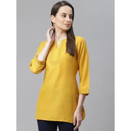 Cottinfab Mustard Yellow V-Neck Pure Cotton A-Line Kurti-picture-34