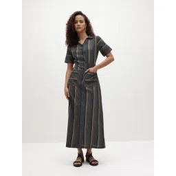 Cottinfab Navy Blue Cotton Striped Regular Fit Maxi Shirt Dress-picture-22