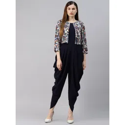 Cottinfab Navy Blue Solid Dhoti Style Jumpsuite With Jacket image 1
